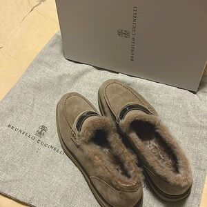 Brunello Cucinelli Shearing-lined suede penny loafers. Brand new. Size 38.